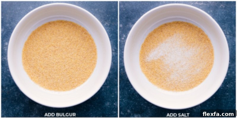 Process shots of How to CookBulgur Wheat-- images of the bulgur being added to a bowl with salt
