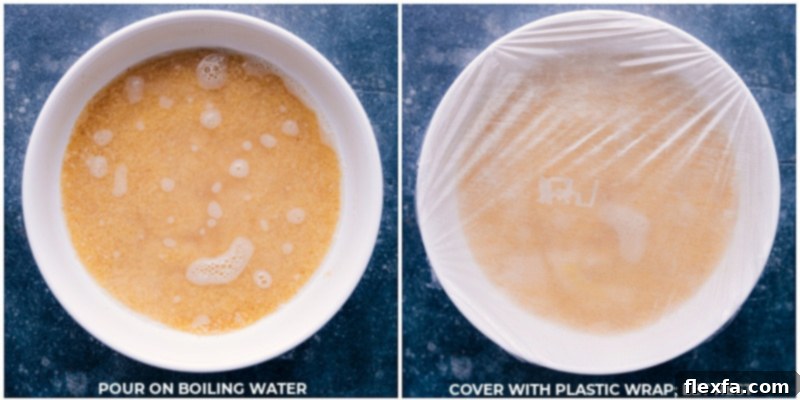 Process shots-- images of the boiling water being added and the dish being covered with plastic wrap to let rest