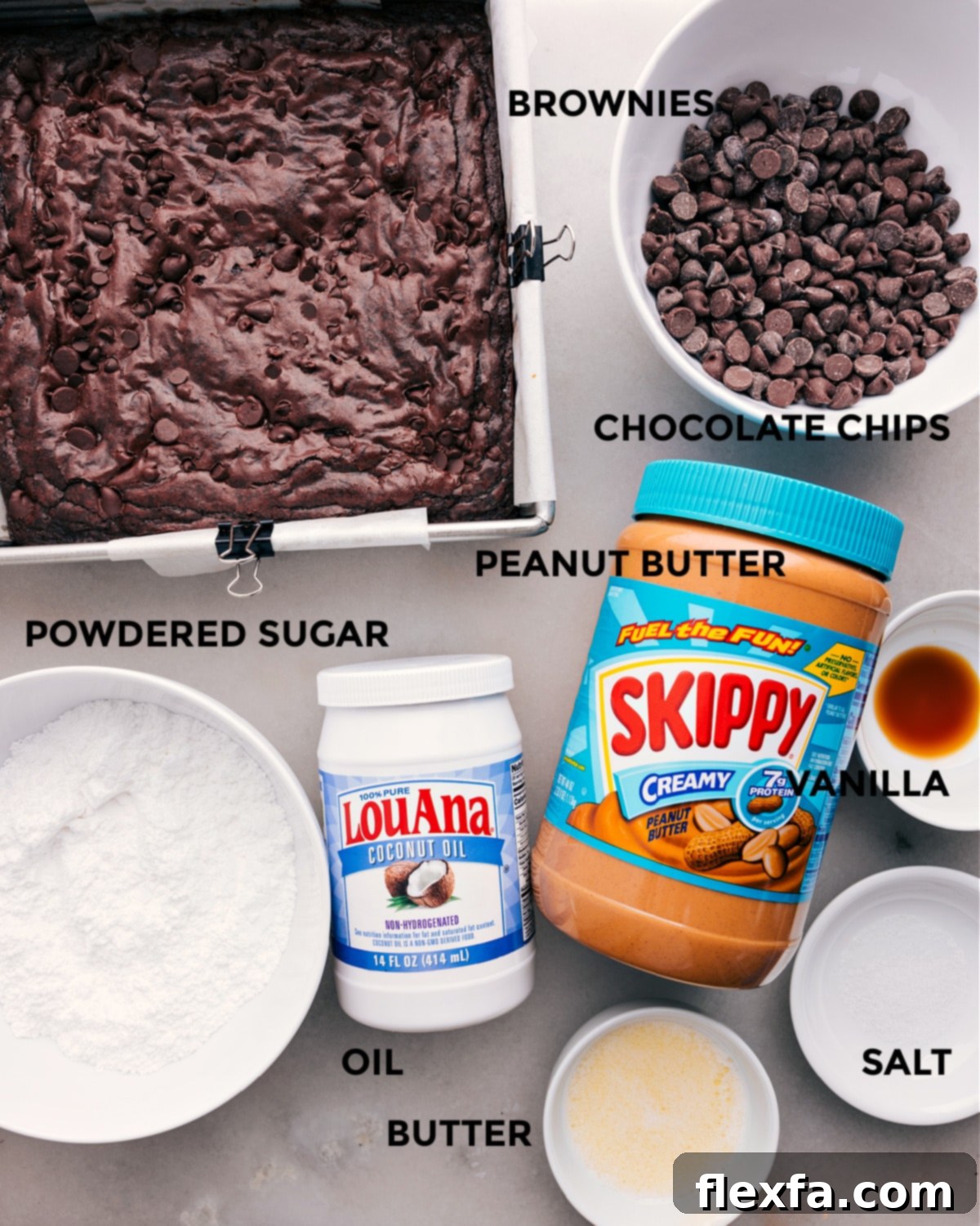 This Buckeye Brownies recipe includes essential ingredients like a quality brownie mix, chocolate chips, creamy peanut butter, sugar, vanilla extract, oil, and butter, promising a delightful combination of flavors and textures.