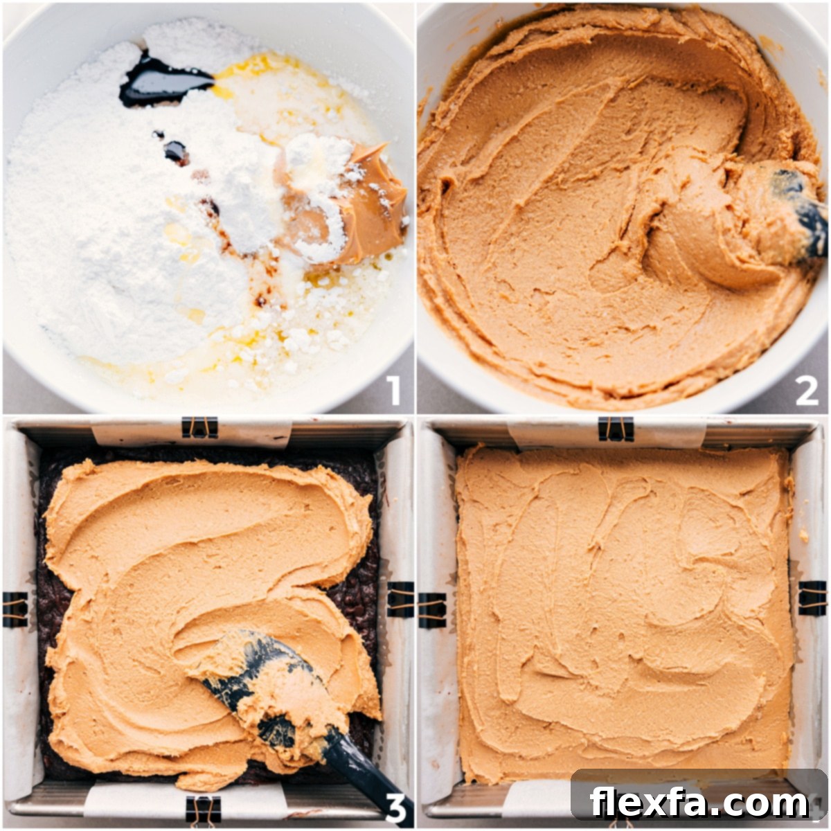 Sugar, melted butter, and creamy peanut butter are combined in a bowl, forming the smooth, rich peanut butter layer destined for the Buckeye Brownies.