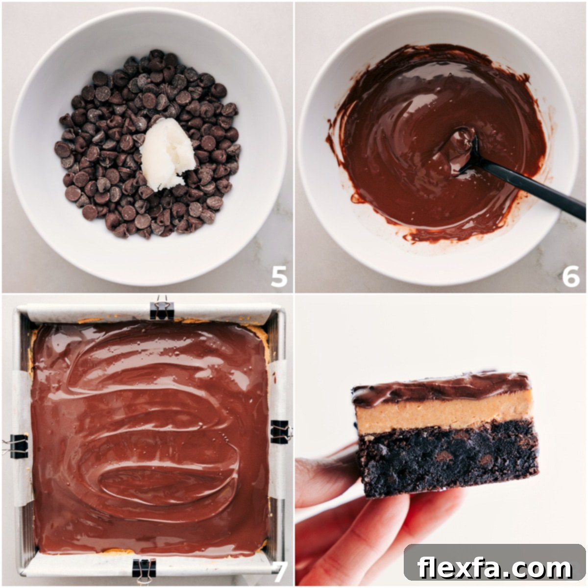 The glossy chocolate topping is poured over the creamy peanut butter layer, creating a smooth, even finish for the Buckeye Brownies before chilling.