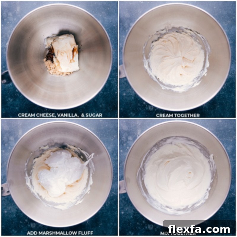 The process of mixing ingredients for chocolate chip dip: a stand mixer bowl holds a creamy white mixture, and marshmallow fluff is being added with a spatula. The texture is smooth and inviting.