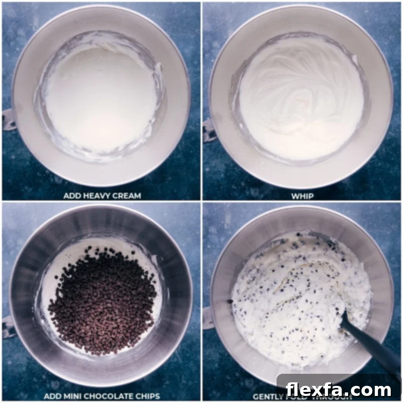 Two distinct steps shown side-by-side: first, heavy cream being whipped in a stand mixer to soft peaks; second, mini chocolate chips being gently folded into the creamy dip mixture with a spatula. This highlights the process for perfect texture.