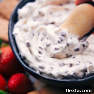 A beautifully presented bowl of freshly made Chocolate Chip Dip, garnished with a sprinkle of extra mini chocolate chips, surrounded by an inviting assortment of dippers including cookies and pretzels.