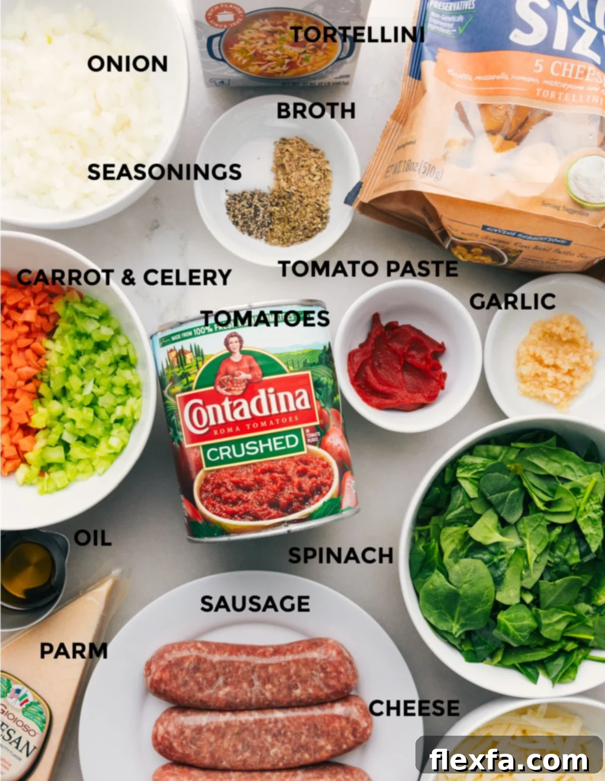 Key Ingredients for Delicious Baked Tortellini A beautiful spread of all the fresh, high-quality ingredients used in this easy baked tortellini recipe, prepped and organized for quick assembly.