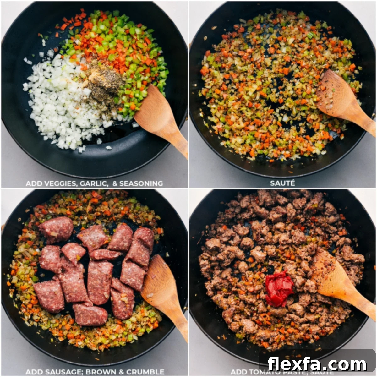 Preparing Our Favorite One-Pan Baked Tortellini A large skillet on the stovetop filled with sautéing vegetables, minced garlic, a medley of Italian seasonings, browning Italian sausage, and rich tomato paste, all coming together for the Baked Tortellini.