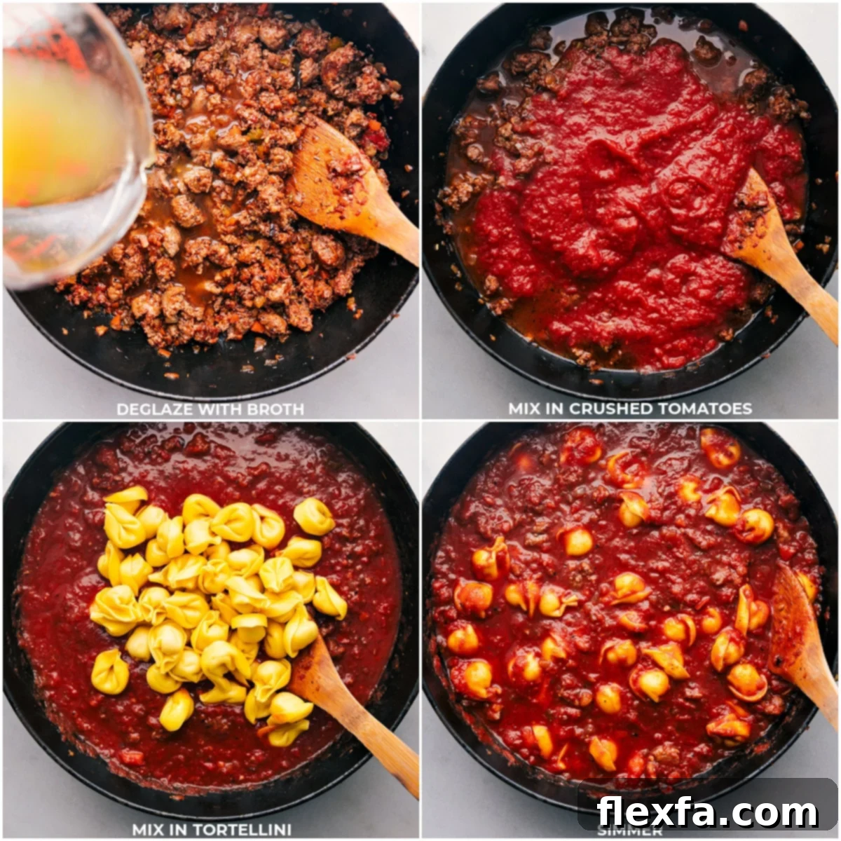 The Heart of Making Baked Tortellini Chicken broth, rich crushed tomatoes, and fresh tortellini being carefully added to the simmering pan, ready to meld into a flavorful sauce.