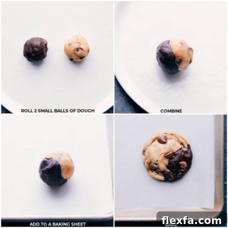 Assembling Brookies: Merging Brownie and Chocolate Chip Cookie Dough for Baking Step-by-step process images showing cookie dough being rolled, combined, and ready for baking.