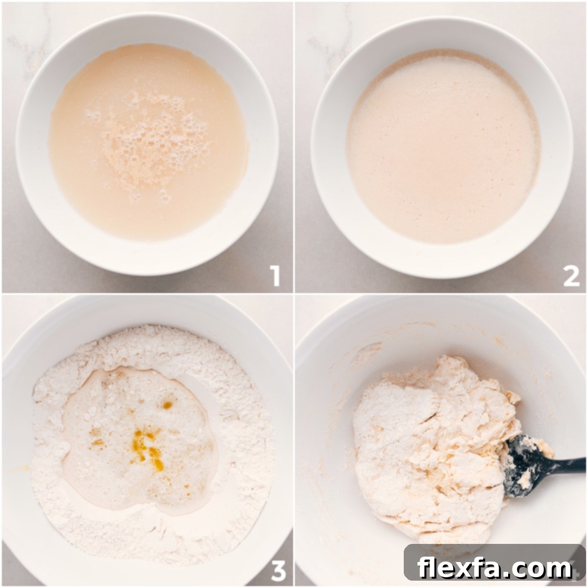 The yeast developing and being mixed with the dry ingredients for this easy pizza dough recipe.