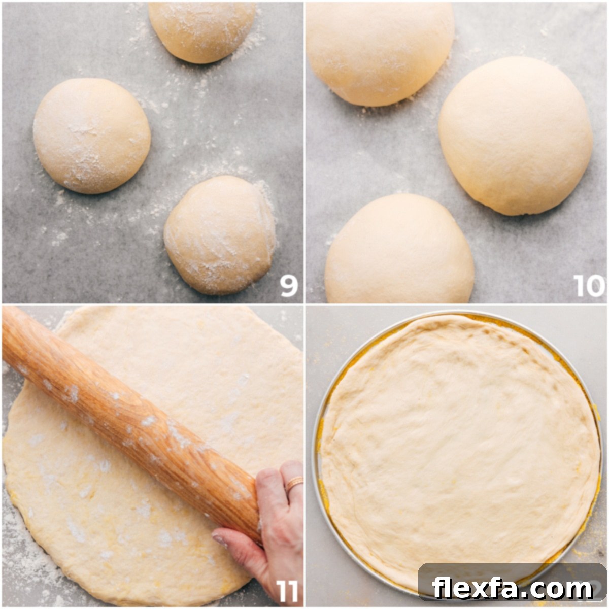 The dough balls being rolled into 3 balls and then rolled out into pizza dough for this recipe.