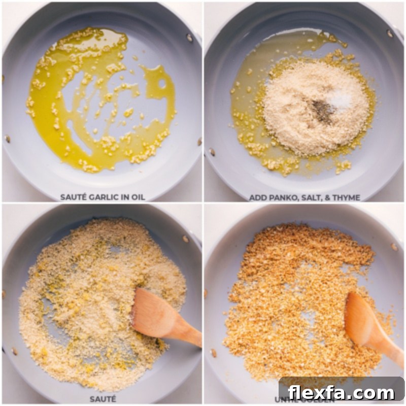 Step-by-step breading process for crispy homemade fish sticks. Process shots illustrating the preparation of the fish stick breading, including garlic being sautéed in oil, followed by the addition of Panko breadcrumbs, salt, and thyme.