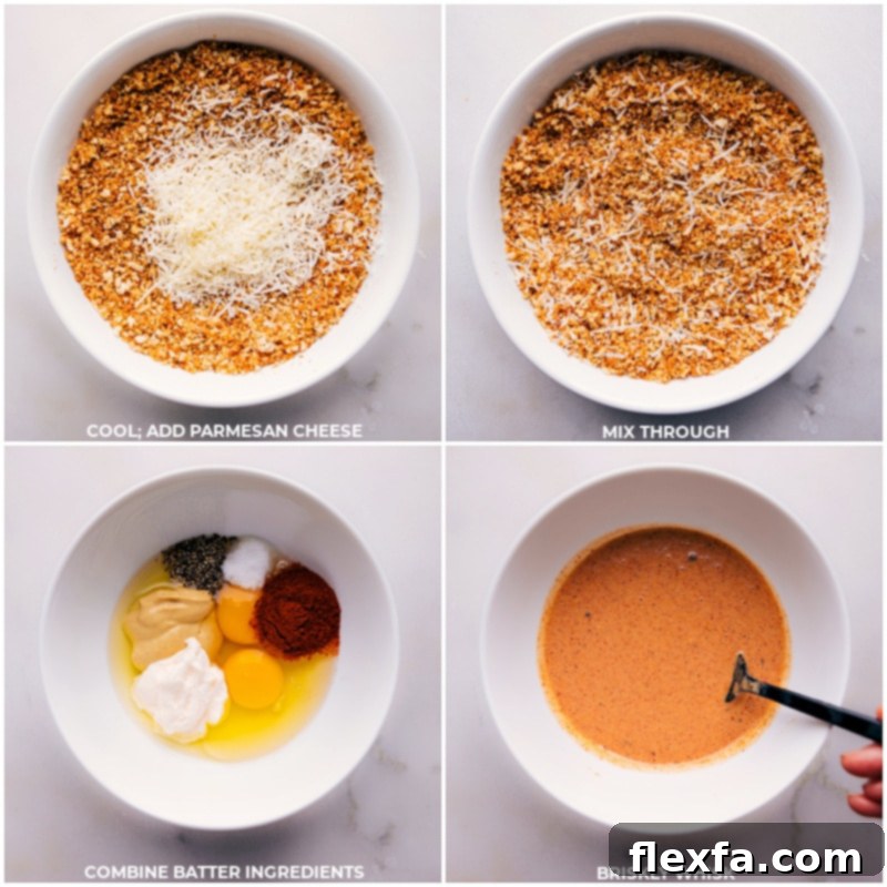 Mixing the savory batter and cheesy Panko breading for fish sticks. Process shots displaying Parmesan cheese being integrated into the toasted Panko mixture, and the Dijon mustard and mayonnaise batter being thoroughly mixed in a bowl.
