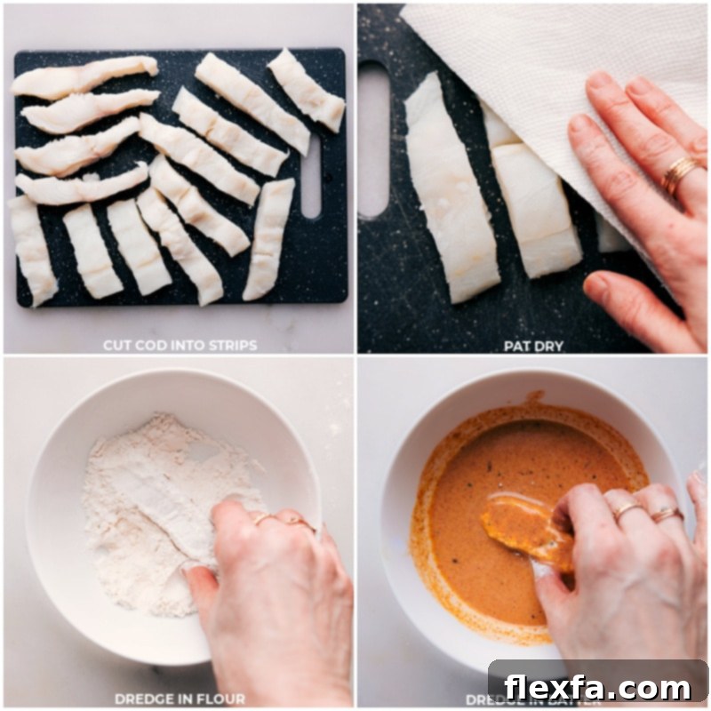Detailed process of preparing fish sticks: cutting, flouring, and battering for even coating. Process shots of homemade fish sticks preparation: showing the cod being precisely cut into strips, then carefully dipped in flour, and finally dredged thoroughly in the wet batter.