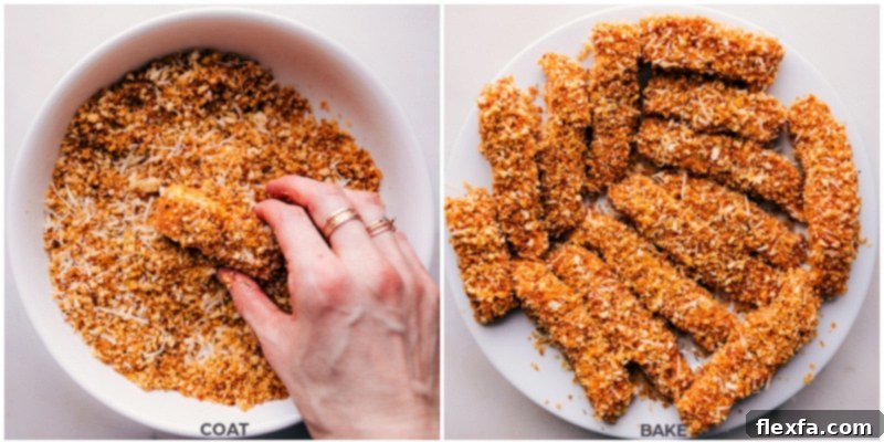 Ensuring perfect coating of cod in crispy Panko breadcrumbs for fish sticks. Overhead image illustrating the process of coating cod strips thoroughly in the prepared toasted Panko breadcrumb mixture.