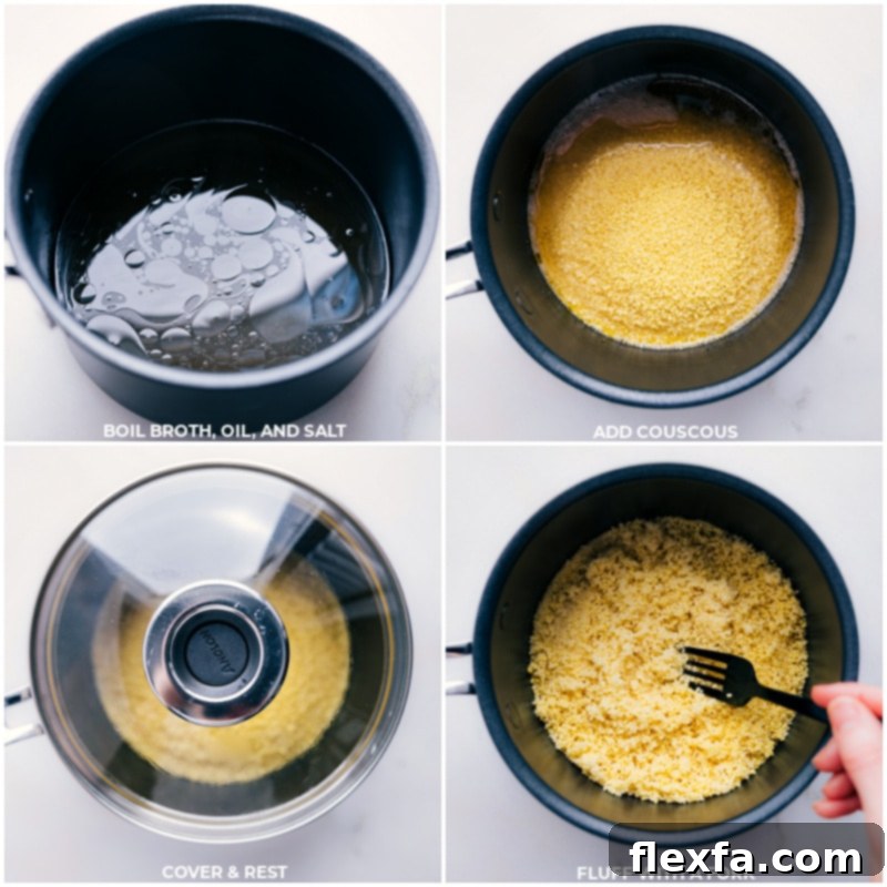 Step-by-step cooking process for fluffy couscous. A visual guide showing the process of cooking couscous: first, broth, olive oil, and salt boiling in a pot; then, dry couscous being stirred into the hot liquid; finally, the pot covered, allowing the couscous to steam to perfection.