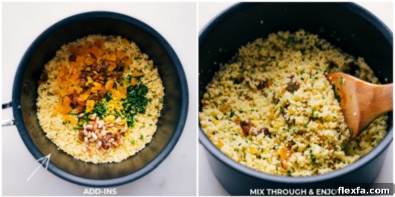 Adding flavor-boosting ingredients to your couscous. Freshly cooked couscous in a bowl with various mix-ins like chopped herbs, dried apricots, and pine nuts, ready to be gently stirred together for enhanced flavor.