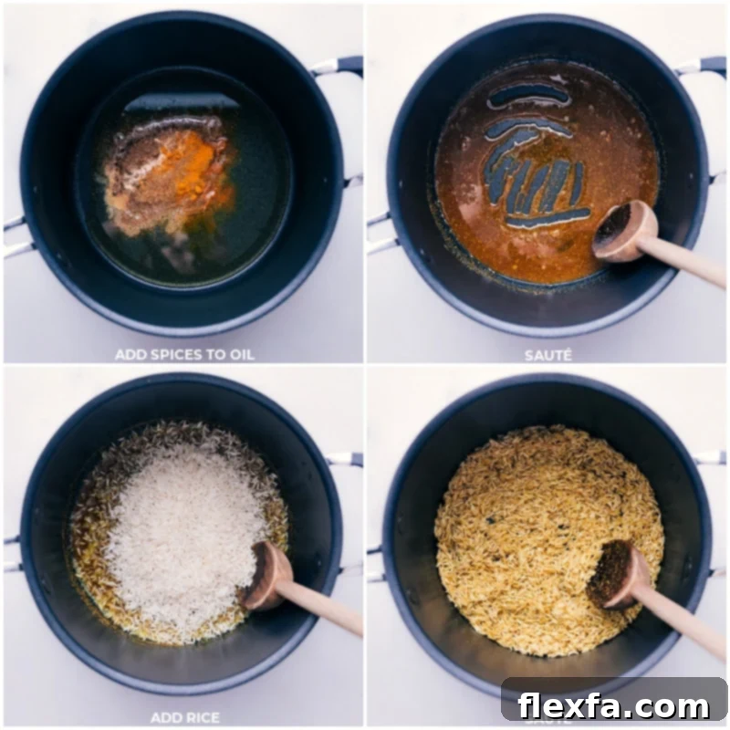 Process shots of Mujadara preparation, showing aromatic spices being sautéed with rice in a pot.