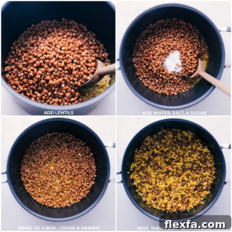 Process shots of Mujadara showing lentils, water, salt, and sugar being added to the pot for cooking.