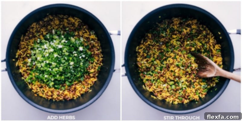 Process shots of Mujadara showing fresh herbs being mixed through the cooked rice and lentils.