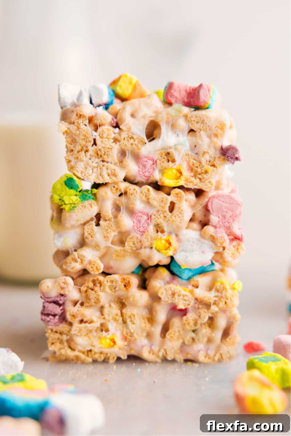 Stacks of freshly made Lucky Charms Bars, showcasing their colorful marshmallows and gooey texture, ready to be enjoyed.