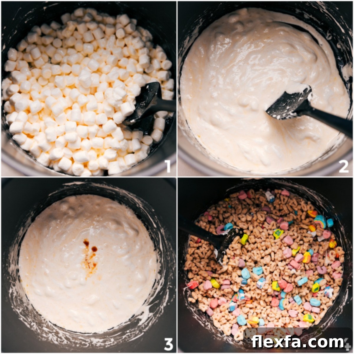 Marshmallows slowly melting in a large pot with butter, about to be mixed with vanilla and Lucky Charms cereal for the bars.
