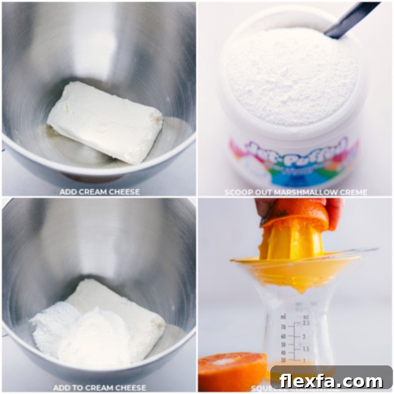 Process shots showing cream cheese, marshmallow creme, and clementine juice being added to a mixing bowl.