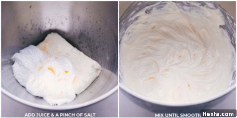 Process shot of the fruit dip being mixed together to a creamy consistency.