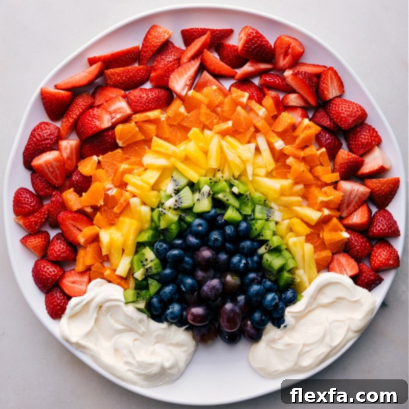 Overhead image of the Rainbow Fruit Tray, perfectly assembled and ready to be enjoyed.