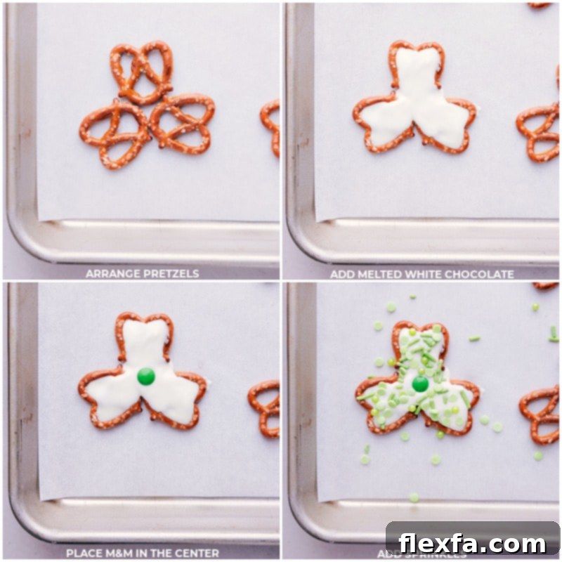 Process shots showing pretzels arranged, melted white chocolate being poured, and green sprinkles added to form Pretzel Shamrocks.
