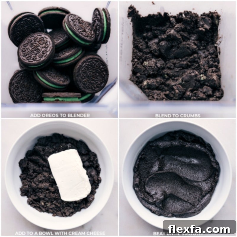Process shots of Mint Oreo Truffles showing whole Oreos being added to a blender, then blended into fine crumbs, and finally mixed with cream cheese in a bowl.