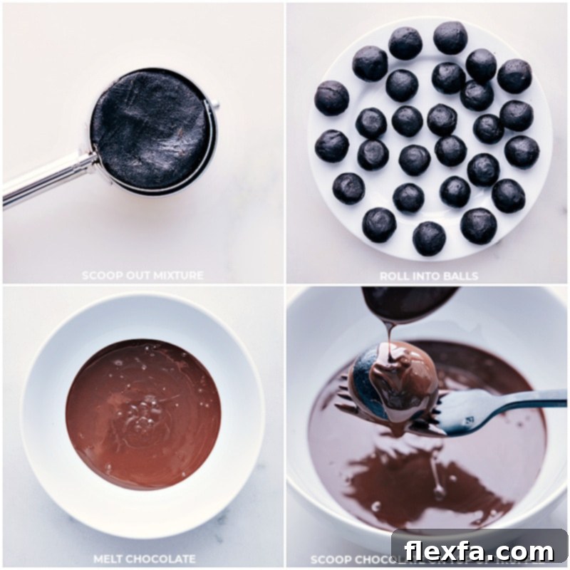 Process shots showing Mint Oreo truffle balls being scooped and dipped into melted chocolate for coating.