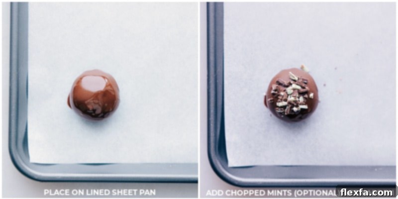 Process shots of Mint Oreo Truffles showing finely chopped Andes mints being sprinkled on top of chocolate-dipped balls.