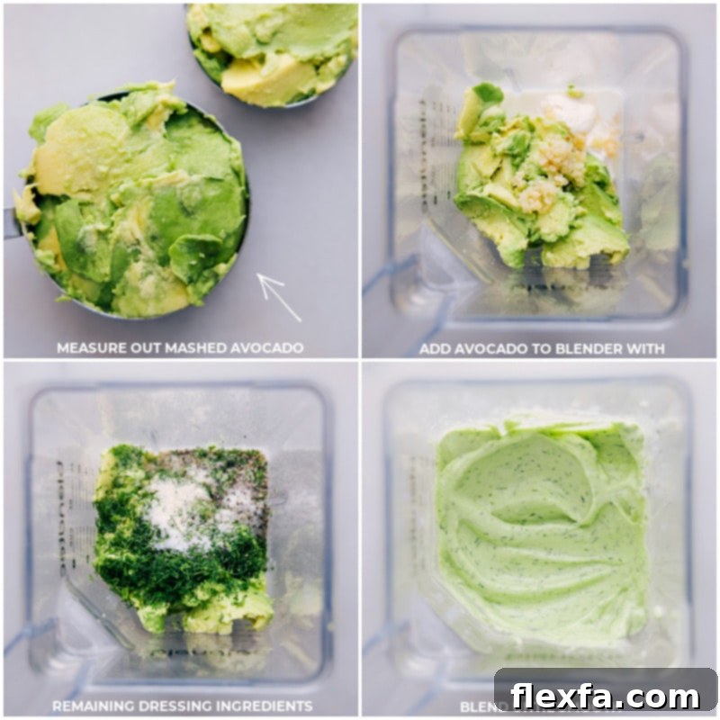 Process shots of BLT Pasta Salad preparation, showing avocados being blended with other dressing ingredients to create the creamy avocado-ranch dressing.