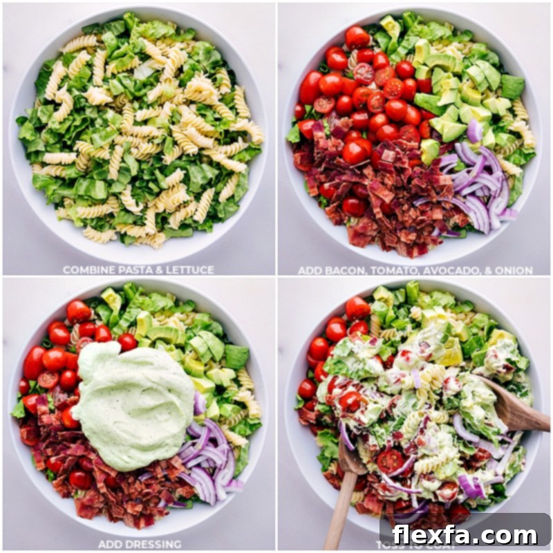 Process shots showing the final assembly of the BLT Pasta Salad, with cooked pasta, fresh lettuce, crispy bacon, cherry tomatoes, diced avocado, and red onion being combined with the creamy dressing in a large bowl.