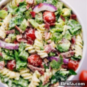 A serving of creamy BLT Pasta Salad with avocado-ranch dressing.