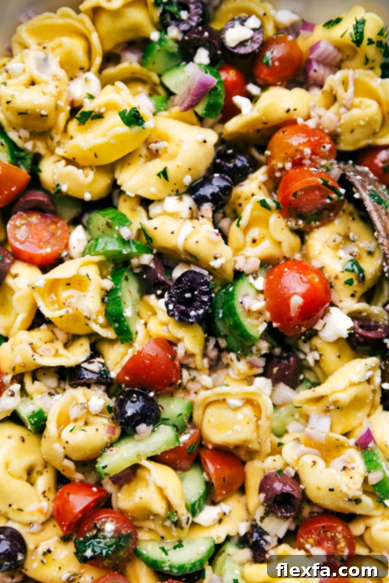 Close-up of Greek salad tortellini, freshly mixed with vibrant cucumbers, cherry tomatoes, Kalamata olives, and crumbled feta cheese, coated in a delicious homemade dressing.