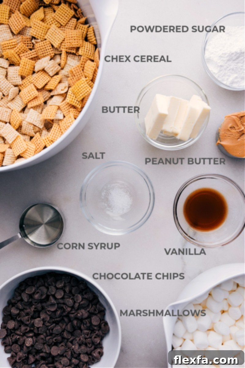 Spread of ingredients for no-bake Muddy Buddy Bars, including Chex cereal, marshmallows, chocolate chips, and peanut butter
