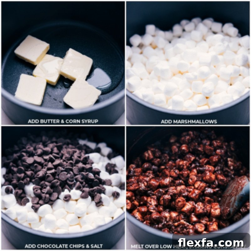 Process shots: Butter, corn syrup, marshmallows, chocolate chips, and salt being melted together in a pot for Muddy Buddy Bars