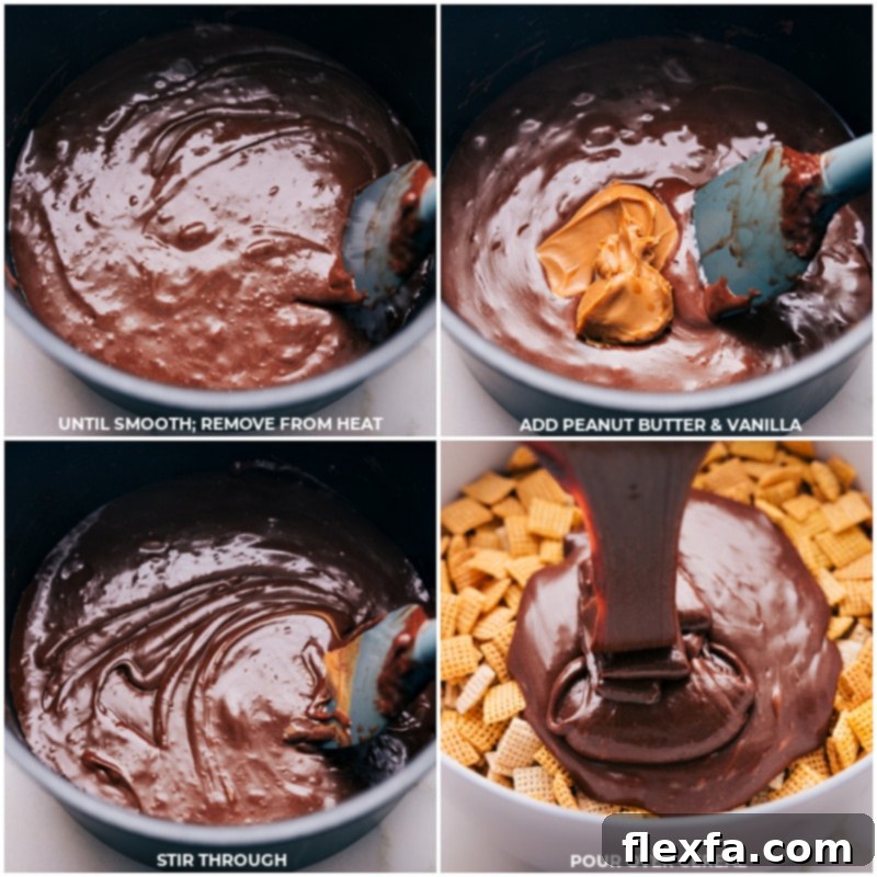 Process shots: Combining the melted chocolate peanut butter mixture with Chex cereal in a large bowl