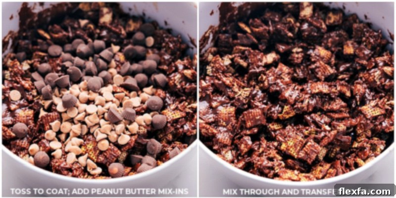 Process shots: Adding Reese's peanut butter chips and mini Reese's cups to the Chex cereal mixture, then gently tossing