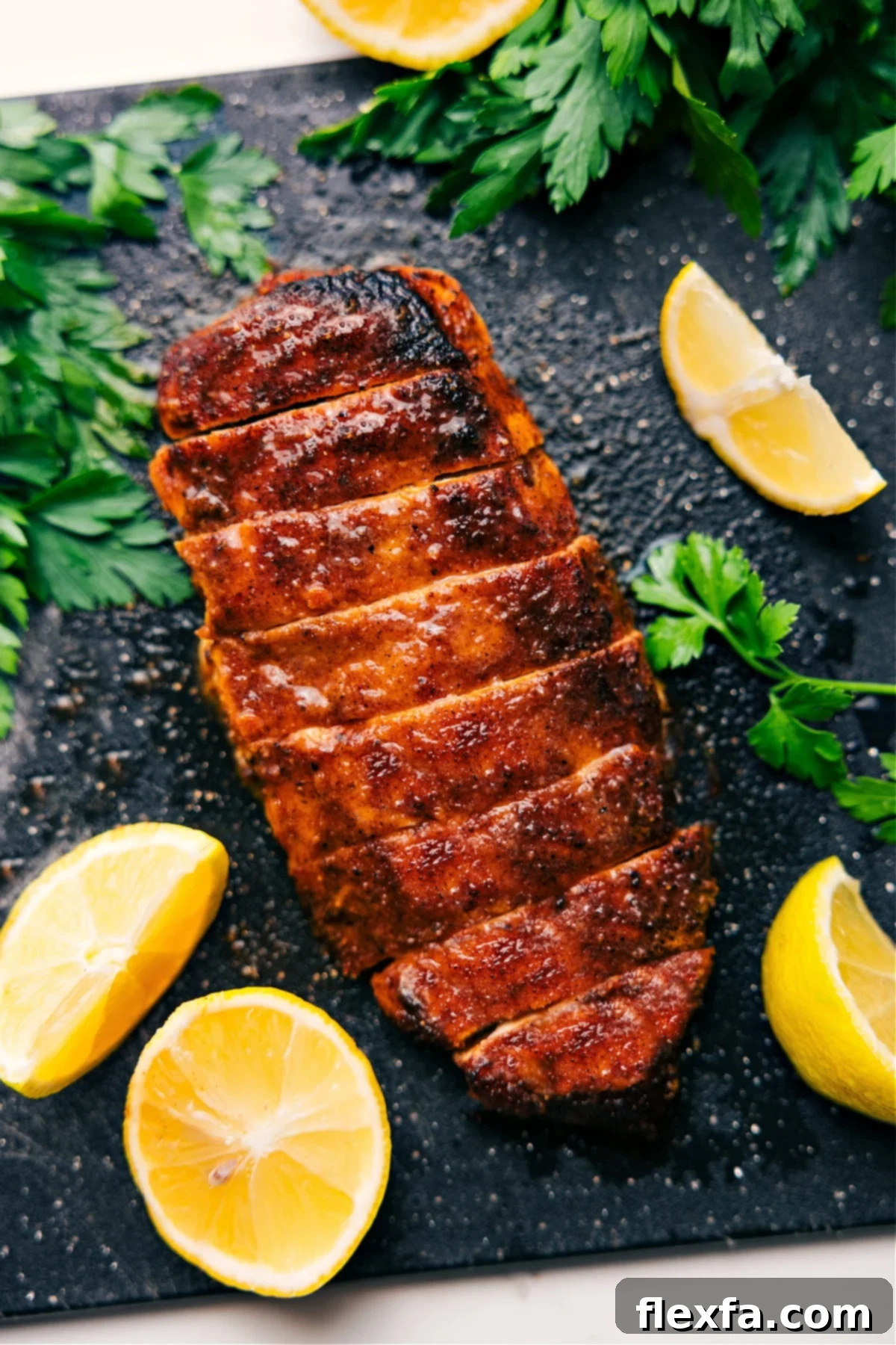 Perfectly baked chicken breast, sliced to reveal its juicy interior, ready to be served or added to other recipes.