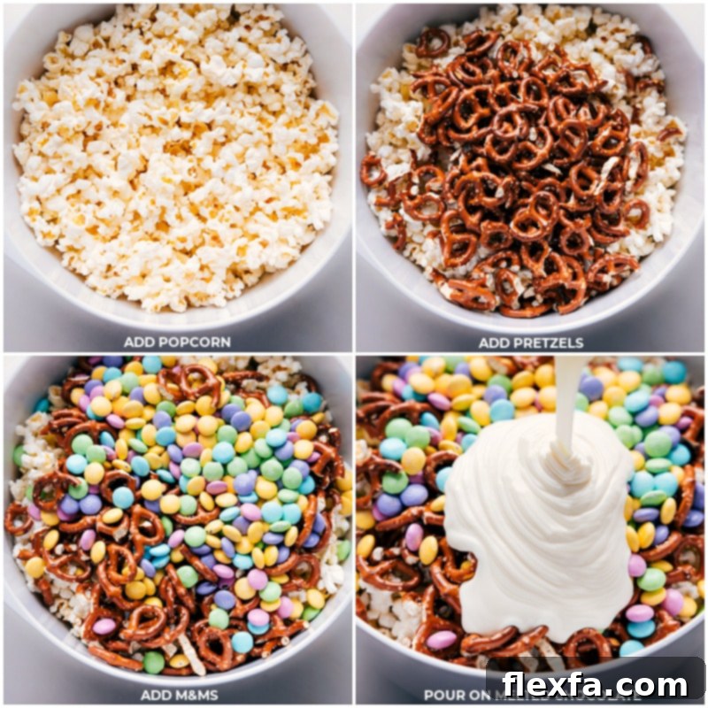 A series of process shots showing popcorn, pretzels, and M&M's being combined in a large bowl, followed by melted white chocolate being poured over the mixture.