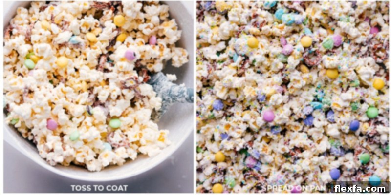 Process shots of preparing Easter Popcorn, showing the mixture being tossed together and then spread evenly onto a parchment-lined sheet pan.