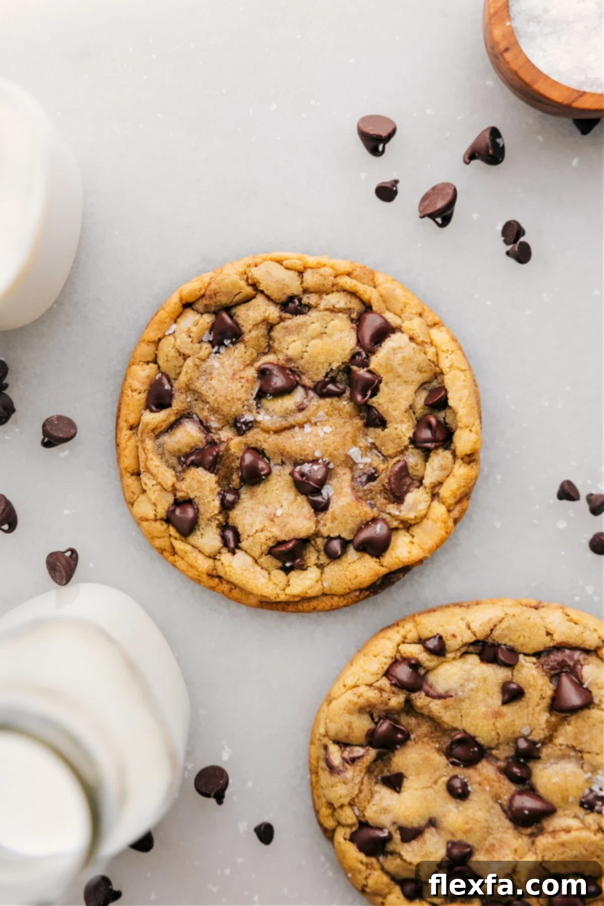 A freshly baked Single Serve Chocolate Chip Cookie, golden brown and ready to be enjoyed, showcasing its perfect form and visible chocolate chips.