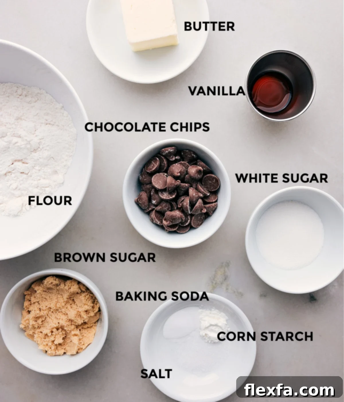 All the essential ingredients for this single-serving chocolate chip cookie recipe, neatly prepped and laid out for easy assembly and baking.