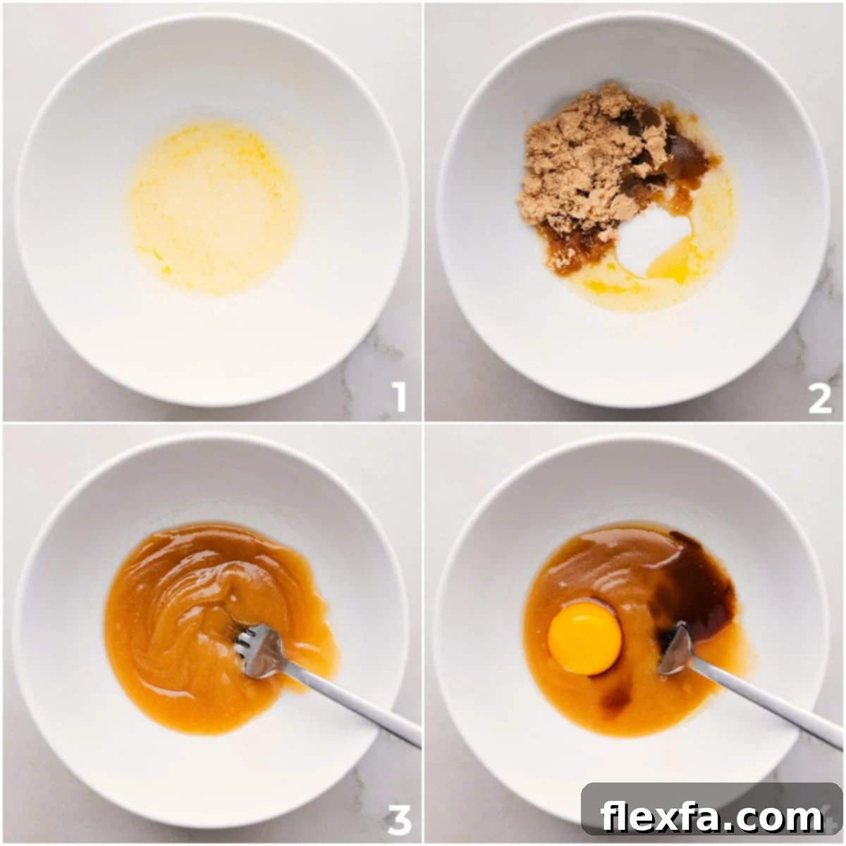 Wet ingredients (melted butter, sugars, egg yolk, vanilla) being meticulously whisked together in a bowl, forming a creamy, emulsified mixture for the chocolate chip cookies.