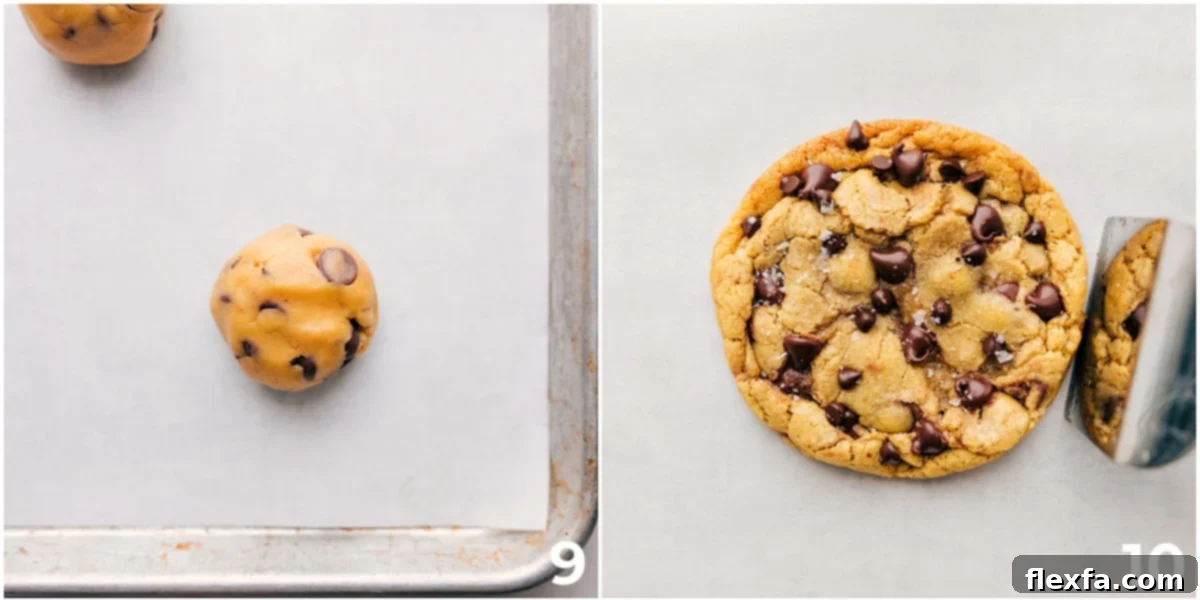 A perfectly formed dough ball placed on a parchment-lined sheet pan, ready for baking, followed by a beautifully baked single-serve chocolate chip cookie with golden edges.