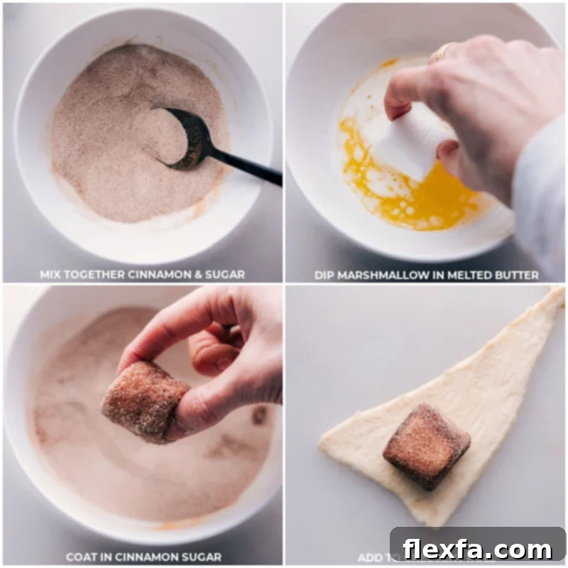 The process of preparing Empty Tomb Rolls: showing the cinnamon sugar mixture, marshmallows being dipped in melted butter and then cinnamon sugar, and finally being meticulously wrapped in crescent roll dough.