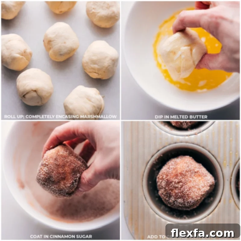 Prepared crescent rolls, each containing a marshmallow, dipped in butter and cinnamon sugar, placed carefully into a greased muffin tin, ready for baking in the oven.