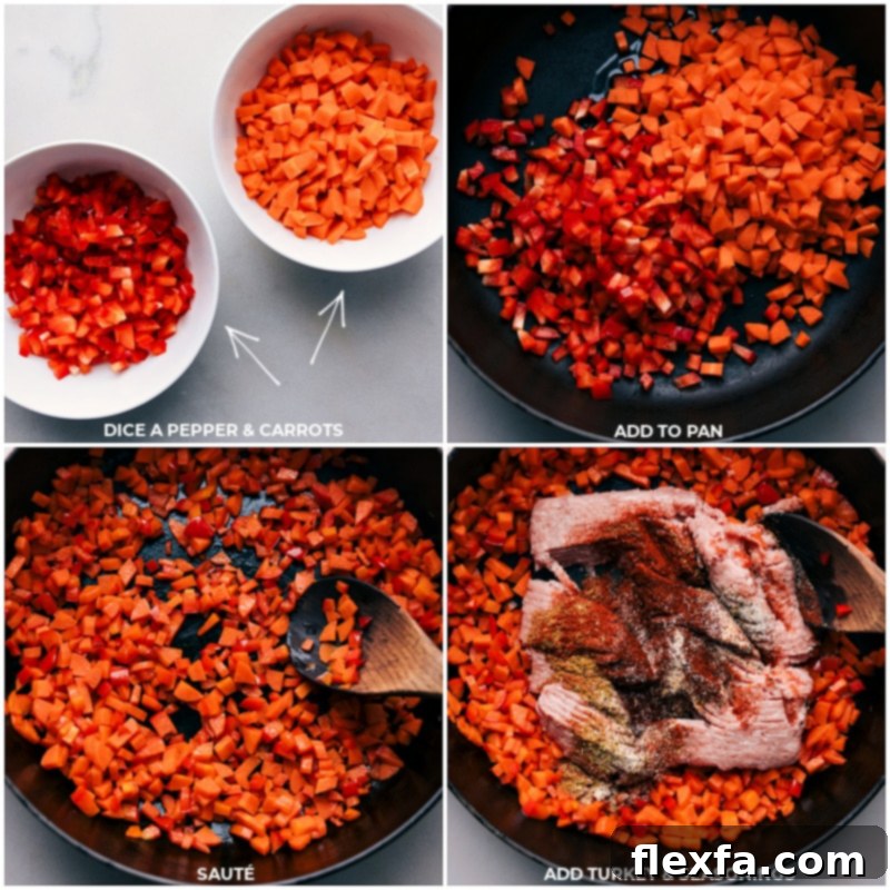 Process shots showing finely diced red pepper, carrots, lean ground turkey, and a blend of savory seasonings being added to a large pan for sautéing.